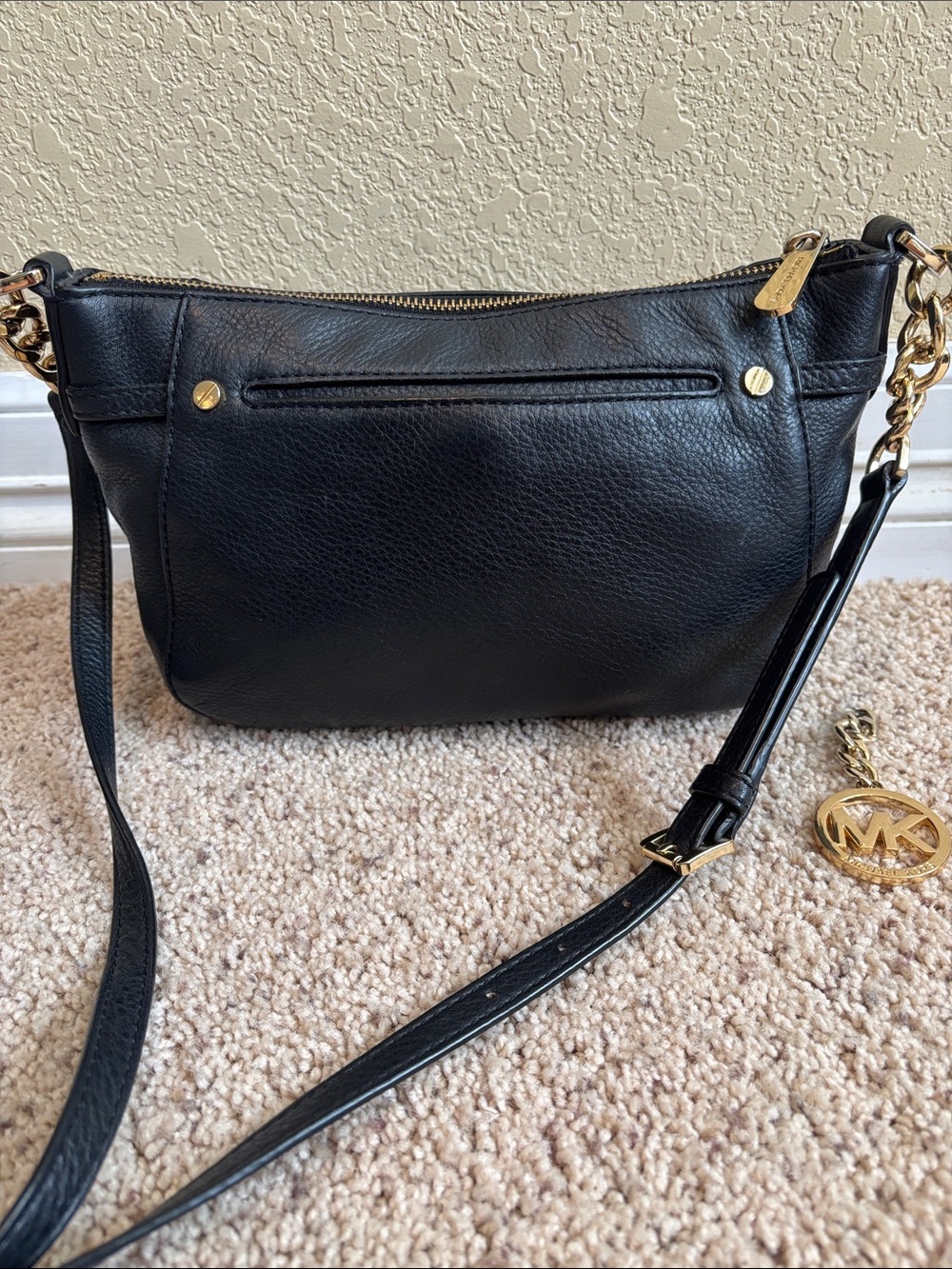 Michael Kors Black Pebbled Leather Chain-Accent Crossbody Bag